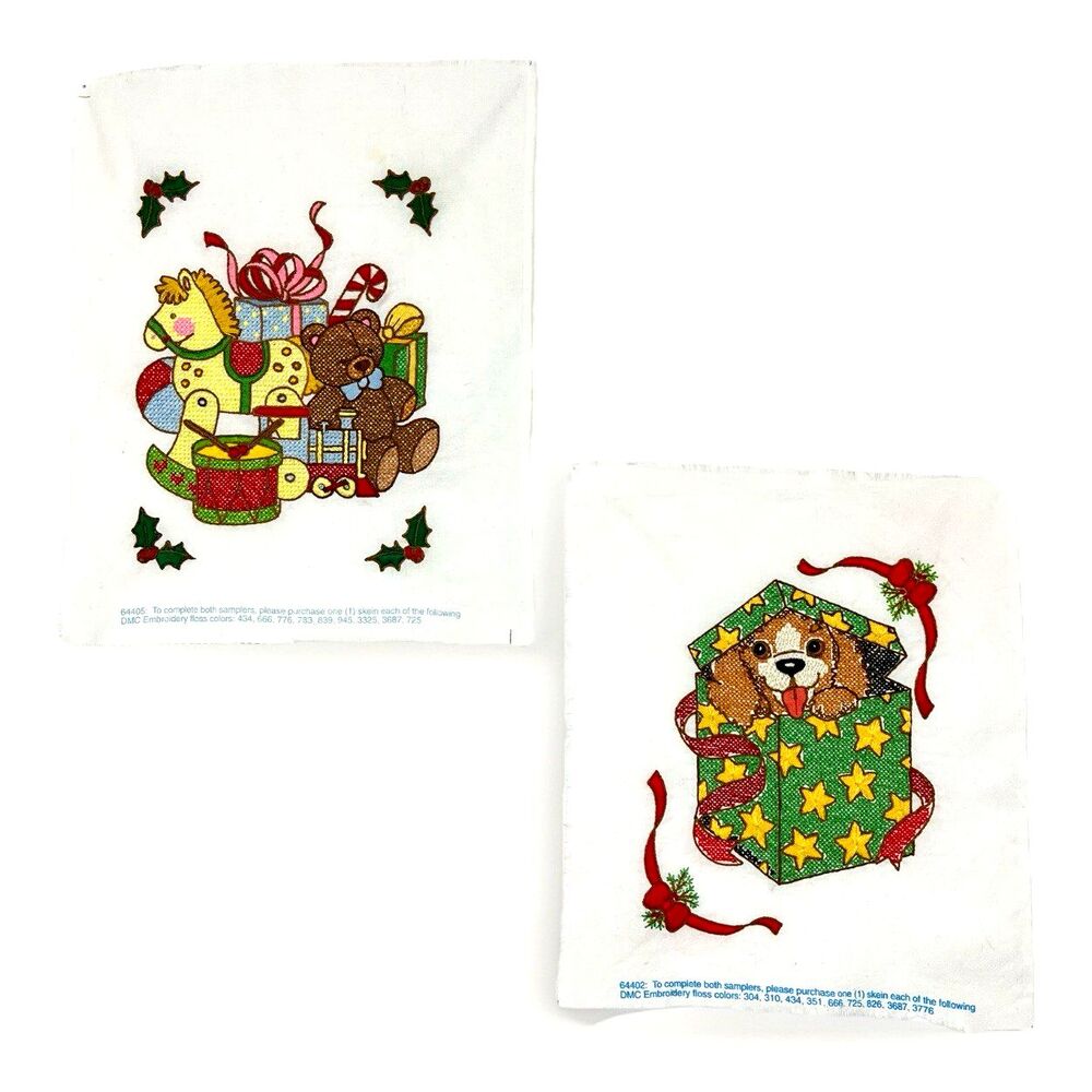 2 Christmas Cross Stitch Samplers Puppy Dog Toys Gift Box Finished Needlework